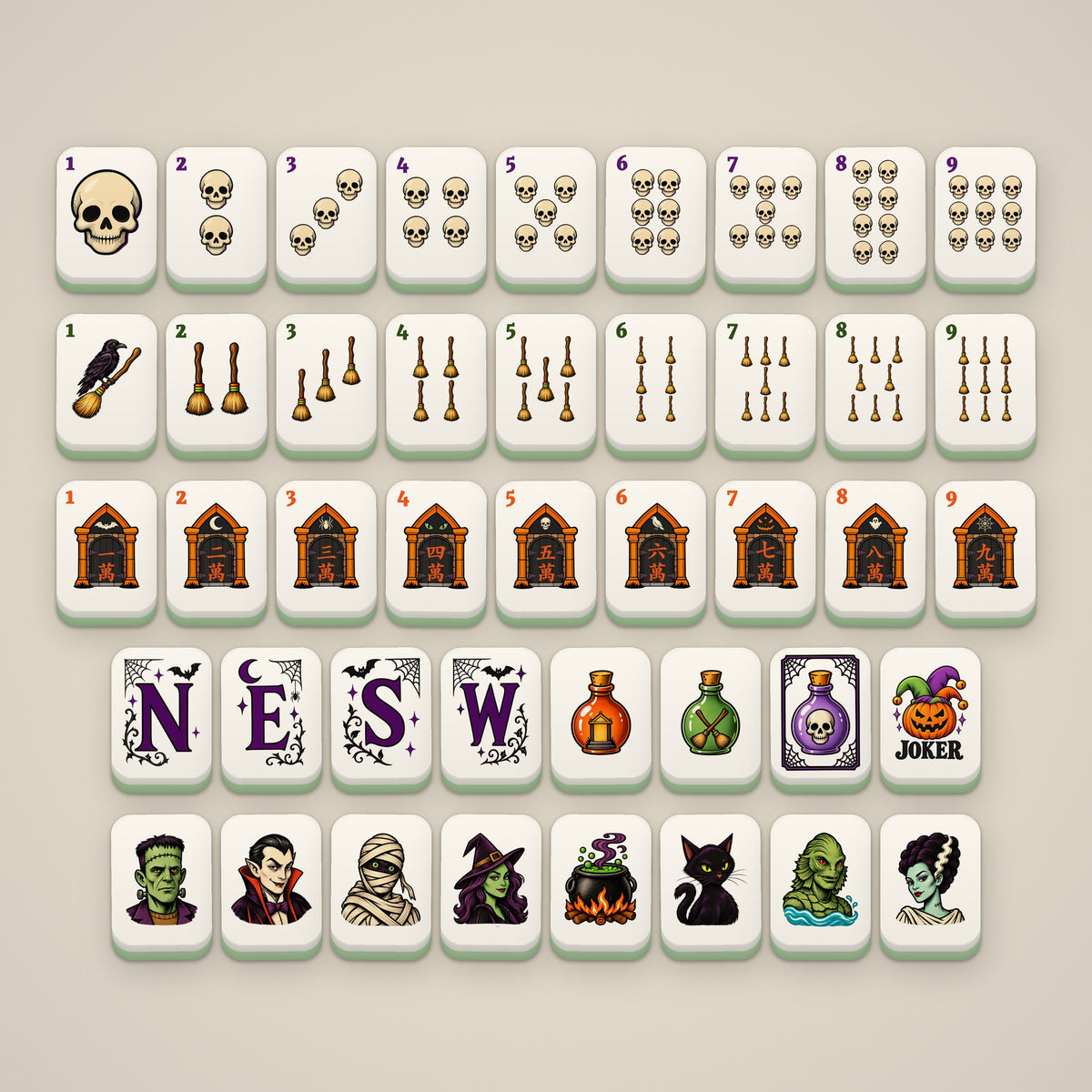 The Boo Crew mahjong set, Large tiles, full set laid out