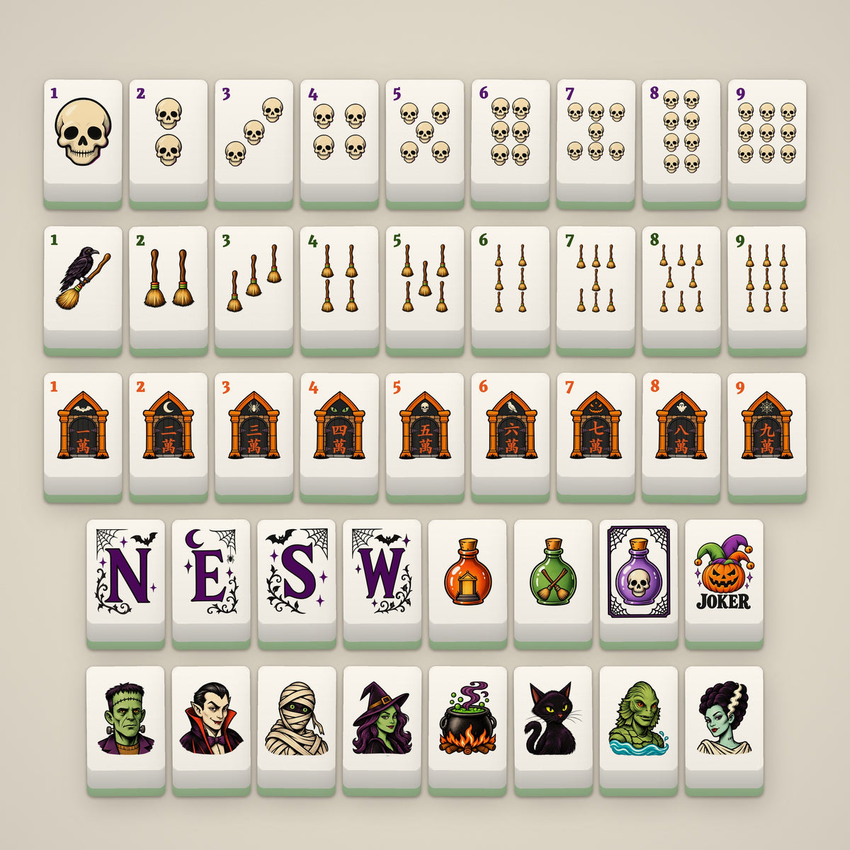 The Boo Crew mahjong set, Standard tiles, full set laid out